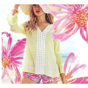 LILLY PULITZER Luci Yellow Tunic Top Cover Up Size M Embroidered Gauze Beach